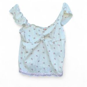 Vintage Y2K Romwe Babydoll Top Womens L White Pink Floral Lace Trim Coquette